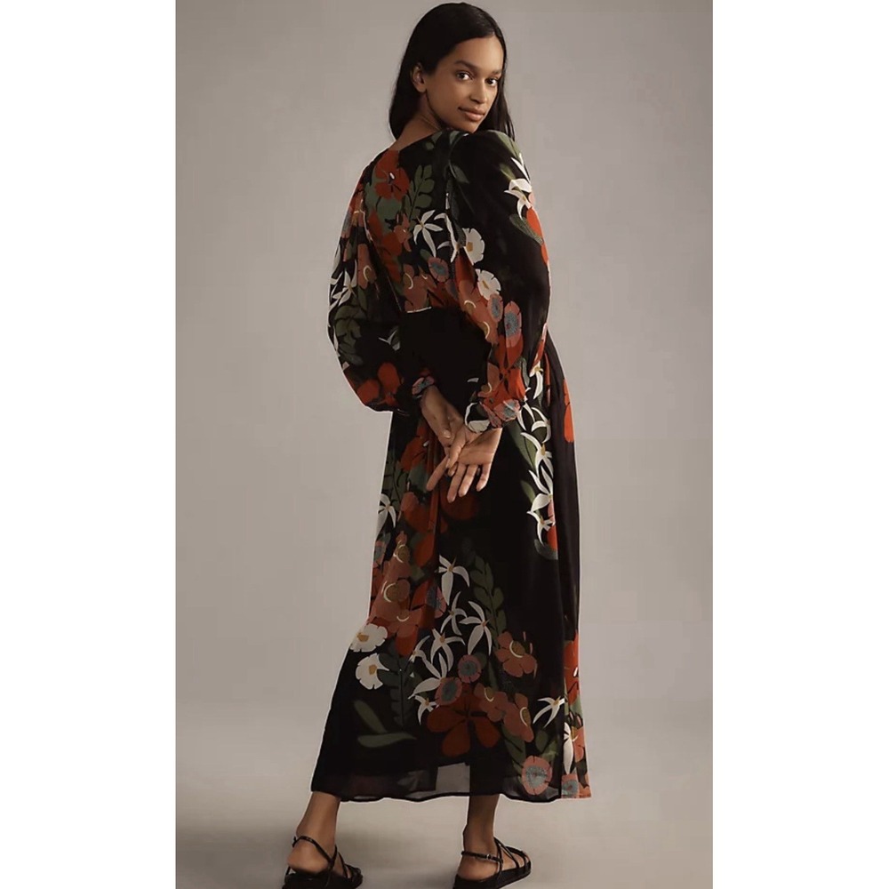 FARM RIO Anthropologie Floral Maxi Dress Black Red Long Sleeve XS - Picture 14 of 15